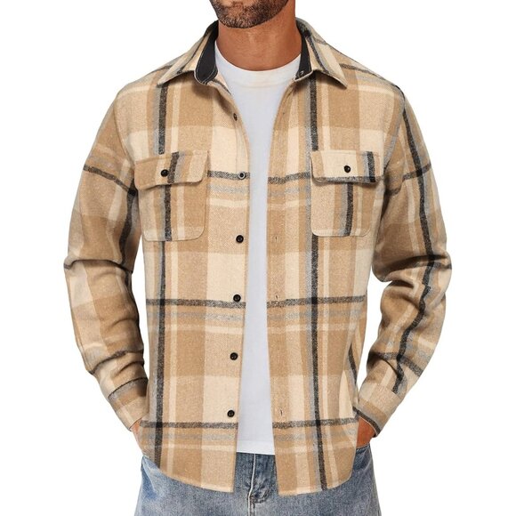 Men Khaki Flannel Shirts Long Sleeve Cotton Plaid Shirt Casual Button Down Shirt - Picture 1 of 8